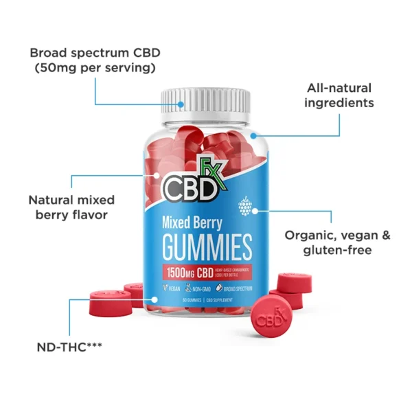 cbdfx, original mixed berry cbd gummies, broad spectrum thc free, 60ct, 1500mg cbd