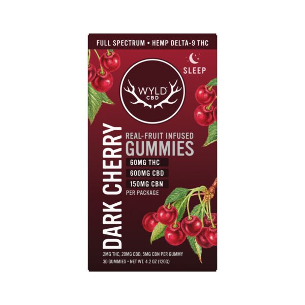 wyld cbd, dark cherry sleep cbd+thc gummies, full spectrum, 30ct, 60mg thc + 150mg cbn + 600mg cbd