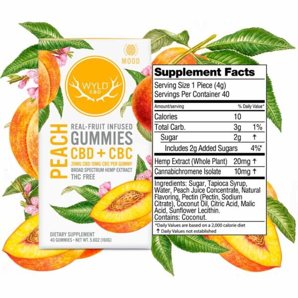 wyld cbd, peach gummies, broad spectrum thc free, 40ct, 400mg cbc + 800mg cbd