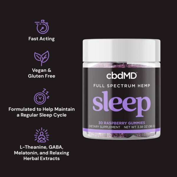 cbdmd, sleep cbd gummies, raspberry, full spectrum, 30ct, 90mg thc + 600mg cbn + 1500mg cbd